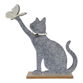 Goldbach Decorative Cat with Butterfly on Wooden Base 29 cm Large Felt Cat Figurine Decorative Cat for Standing