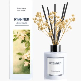 Ryanner Flower Reed Diffuser Set,5.1oz White Jasmine Scent Diffuser with Sticks Home Fragrance Reed Diffuser with Essential Oil for Bathroom Shelf Decor&Air Freshener,Home Bathroom Office Decor&Gifts