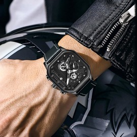 KUNHUANG Men’s Watches, Waterproof Analog Quartz Watches for Men Precise Chronograph Watch with Date Display Polygonal Fashion Wrist Watch with Leather Strap (Leather Black)