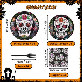 NIERBO 96 piezas de suministros de fiesta de Halloween, platos y servilletas de Halloween, decoracion de fiesta de zombi, platos de papel para 24 (Negro-craneo)