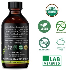 Mother Nature USDA Organic Moringa Seed Oil, 100% Pure, Cold-Pressed, Unrefined Moringa Oil for Face, Skin Care & Hair Growth, Aceite de Moringa para la Cara, Anti-Aging. Non-GMO & Gluten Free (4 Oz)