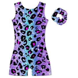 UNICOMIDEA Leotards For Girl with Scrunchie Purple Leopard Biketard for Kids Size 9-10 Crisscross Back Kid Sleeveless Gymnastics Unitard Quick Dry