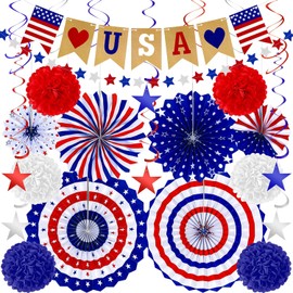 26 PCS 4th of July Decorations, Red White Blue Paper Fans in Patriotic Designs, 4th of July Banner Pompom Star Garland and Hanging Swirls Set for Fourth of July Independence Day Party Supplies Decor