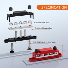 RVBOATPAT 275A Power Distribution Block 12V Bus Bar 5 x 3/8" (M10) Terminal Studs 12 Volt Marine Busbar Positive and Ground for Automotive Car Boat Solar System