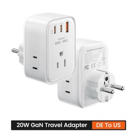 Toocki 2Pack Travel Charger Adapter 20W 2C1A GaN Fast Charging adaptation  EU/UK/US Charger 6 in 1 US to Europe plug adapter: It turns 1 European Type C socket into 3 American outlets and 3 USB ports(2 USB C) - model: EU TO US, PCS: 2PCS