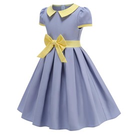 Kids 1950s Vintage Dresses for Girls 50s Outfits Doll Collar Bowknot Audrey Hepburn Rockabilly Cocktail Party Swing Dress Short Sleeve Pleated Retro 50's Style Tea Party Church Clothes Blue 9-10 Years