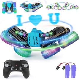 Highttoy Remote Controlled Car, Double-Sided 360° Flip LED Flashing RC Car Toy from 3 4 5 6 7 8 9 Years Boys Gift Children 2.4GHz 4WD Stunt RC Car with Luminous Sign Projection, Blue