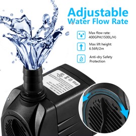 CWKJ Fountain Pump, 400GPH Submersible , Durable 25W Outdoor Water Pump with 6.5ft Power Cord, 3 Nozzles for Aquarium, Pond, Fish Tank, Water Pump Hydroponics, Backyard Fountain