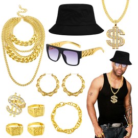10 Piece Hip Hop Costume Set, 80s 90s Rapper Costume Accessory Set with Dollar Sign Necklace Rings Earrings Sunglasses Bracelet Fishing Hat for Women & Men Hippie Disco Theme Party, gold