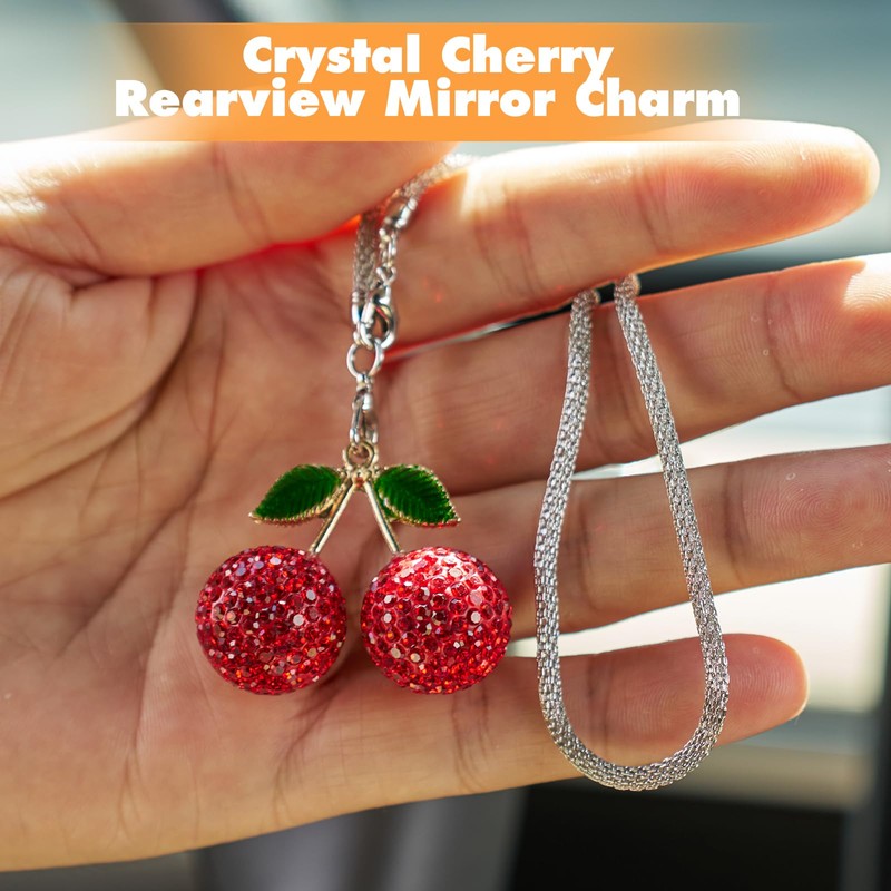 Rislobx Crystal Cherry Car Hanging Ornament, Bling Cherry Car Charms