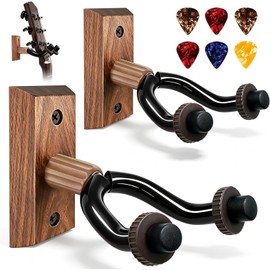 2 Piezas Soporte de Pared para Guitarra, Madera de Nogal Negro,Soporte Guitarra Pared con 6 Plumillasde Guitarra,para Instrumentos Musicales Fender, Acústica, Eléctrica Bajo, Mandolina y Banjo.