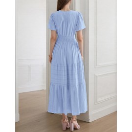 SANGROD Womens Summer Midi Maxi Dresses Casual V Neck Short Sleeve Flowy A Line Boho Beach Dress with Pockets(LightBlue-XL)