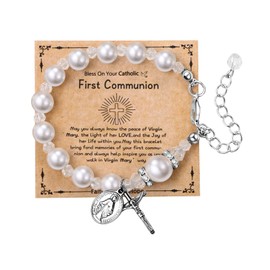 JewelryWe Rosary Bead Cross Bracelet: Women White Christian Virgin Mary Adjustable Wrist Chain Bracelets Ladies Religious Catholic Orthodox Faith Jewelry Gift for Mother's Day