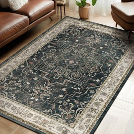 Jainmy Distressed Vintage 5x7 Area Rugs for Living Room Bedroom Non Slip Washable, Medallion Pattern Printed Low Pile Farmhouse Carpet Rugs for Dining Room/Kitchen/Home Office, Black/Multi Accents