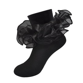 MKYSZLT Girls Ruffle Socks Toddler Girl Frilly Dress Socks Double Lace Big Ruffles Fold Over Church Fancy Sock for Baby Kids (US, Age, 1 Year, 3 Years, black - 1 pair)