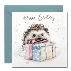Watercolour Style Hedgehog Happy Birthday Greetings Card - Inside reads: Have a great day - Includes Deep Teal Coloured Envelope