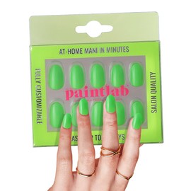 PaintLab Press On Nails - 30 Piece Fake Nails with Glue, Nail File, Prep Pad & Cuticle Stick | Non Toxic & Cruelty Free | Long Lasting & Complete Glue On Nails for Women & Girls (Neon Green Oval)