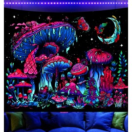 Onivein Blacklight Mushroom Tapestry Glow in the Dark Tapestry Fantasy Plant Tapestry UV Reactive Moon Butterfly Frog Tapestries Poster Wall Hanging for Bedroom Aesthetic 59.1 x 51.2 Inches
