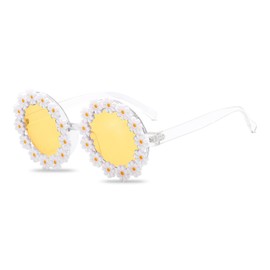 LumiSyne Cute Daisy Sunglasses Men Women Round Frame Flower Decoration Glasses UV400 Prom Party Glasses Photography Props Glasses for Couples Travel Beach White, yellow