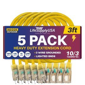 3ft Power Extension Cord Outdoor & Indoor - Waterproof Electric Drop Cord Cable - 3 Prong SJTW, 10 Gauge, 15 AMP, 125 Volts, 1875 Watts, 10/3 by LifeSupplyUSA - Yellow (5 Pack)