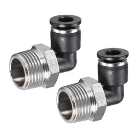 M METERXITY 2Pack 90 Degree Elbow Push to Connect Hose Fittings, for Transporting Air Water, Apply to Industrial (6mm Tube OD x 3/8 NPT Thread, Black Silver Tone)