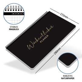 BIROYAL Weekly Planner Pad in German (55 Sheets), Desk Calendar without Fixed Date, Undated Diary with To-Do List, Spiral Weekly Calendar with Weekly View and Habit Tracker, Black (290 x 172 mm)