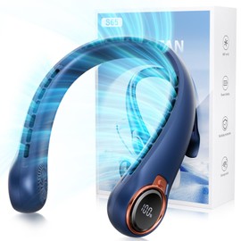 ZHZW Portable Neck Fan with 6000mAh USB - Rechargeable Battery, Ultra-Light Bladeless Neck Fan LED Display, 360° Cooling Wearable Fan, 3 Speeds (Blue)