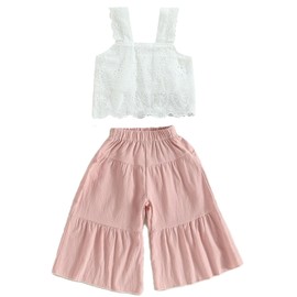 Honganda Trendy 2Pcs Little Kids Toddler Baby Girl Summer Outfit Sleeveless Lace Crop Top with Wide Leg Pants Clothes Set (Pink, 2-3 Years)
