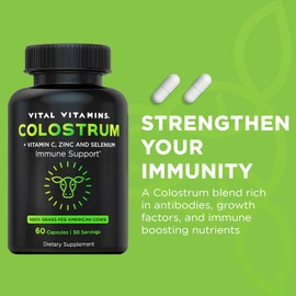 Vital Vitamins Colostrum Supplement Complex - 10% IgG Immunoglobulins, Vitamin C, Zinc & Selenium - First Milking, Grass-Fed American Cows - 60 Capsules