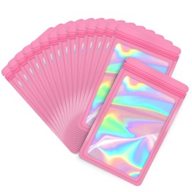 EONJOE 100-pack 4×4 inch mylar bags with clear window holographic resealable sealable packaging zip bag for small bussiness jewelry candy sample food packing supplies （Pink）