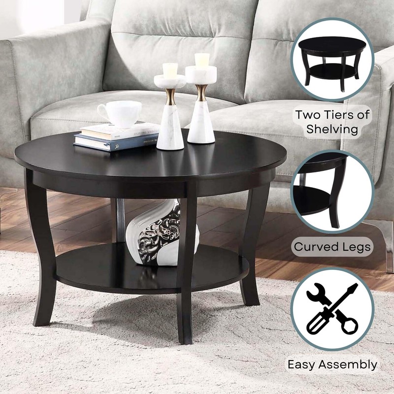Convenience Concepts American Heritage Round Coffee Table with Shelf, Black,