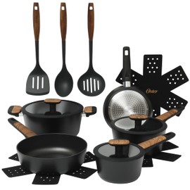 Oster Platinum Oxburg 14 Piece Forged Aluminum PFA Free Non-toxic Premium Ceramic Non Stick Interior Cookware & Kitchen Tools Set - Black w/Wood Handles