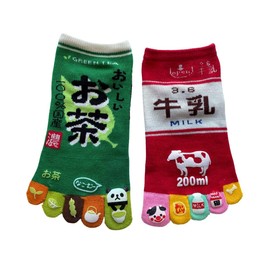 [Mode Select] Women's 5 Toe Socks, Characters, 2 Pairs Set, Thin, Summer, Ankle-Length, Tea, Milk, Cute, 5-Toe Socks, Cute, 2 Patterns, Set of 2 Pairs, Black, Green, Yellow, Pink, Red, Blue