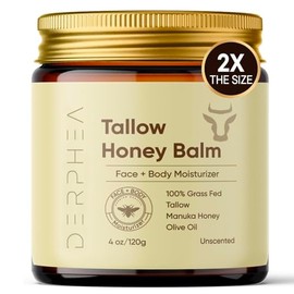 DERPHEA Beef Tallow for Skin - Tallow and Honey Balm with Raw Manuka Honey from New Zealand - Tallow Face Moisturizer for Extremely Dry, Sensitive, and Aging Skin - Unscented 4 OZ