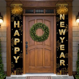 Happy New Year Door Banner Decorations-2025 Black Gold New Year Front Porch Hang Door Banners,New Years Eve Party Supplies,New Year Door Banner Sign Set for Home,Yard,Wall,Indoor,Outdoor 71x12 Inch