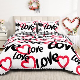 ASPMIZ Valentine's Day Duvet Cover King Size, 3 Pieces Love Hearts Duvet Cover Set with Zipper Closure, Checkered White Comforter Cover Set 1 Duvet Cover 104 x 90 inches and 2 Pillow Shams
