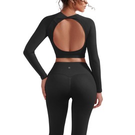 SUUKSESS Women 2 Piece Open Back Seamless Workout Sets Scrunch Butt Gym Leggings Built in Bra Crop Yoga Top (Black,M)