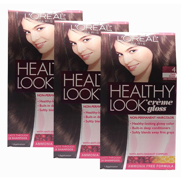 Loreal Healthy Look Hair Dye, Creme Gloss Color, Dark Brown 4, 1 ct (Pack of 3)