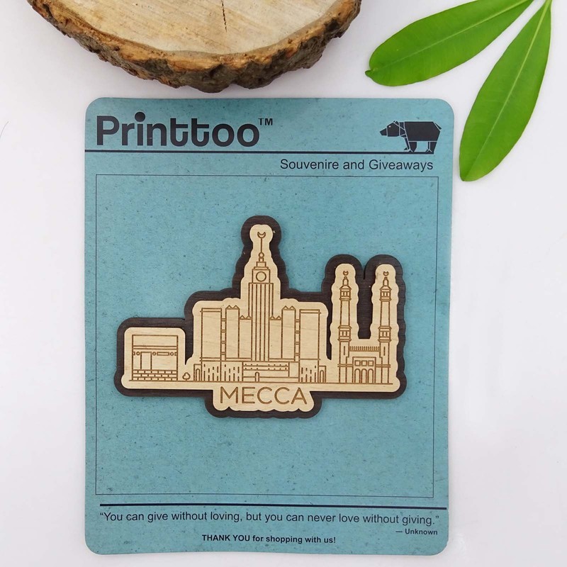 Printtoo Engraved Wooden Decorative Mecca Saudi Arabia Monuments Souvenir Fridge