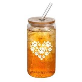 Wisedeal Paw Print Heart Glass Cups with Lids and Straws, Glasses Drinking Set, Mother's Day, Birthday, Christmas Gifts for Grandma or Mom Dad Aunt Uncle, 16 Oz