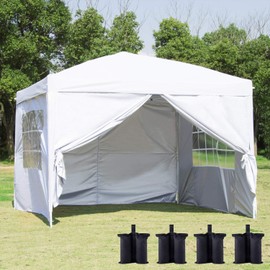Canopy Tent Pop Up Portable Shade Instant Heavy Duty Outdoor Gazebo 10 x 10 White with 4 Removable sidewalls and 4 Sandbags for Outdoor Party Wedding Commercial Activity Pavilion BBQ Beach