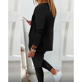 CHICME 2 Piece Women's Suiting Notched Collar Blazer with Drawstring Pants Set Business Casual Black Outfits Pants Set-S