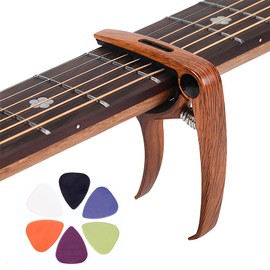 HAUUFENN Guitar Capo for Acoustic Guitar, Electric Guitar, Ukulele Compatible, Zinc Alloy, One-touch Type, Wood Grain Type, 6 Picks Included, 0.02 / 0.03 / 0.03 / 0.03 / 0.03 / 0.04 / 0.06 inches