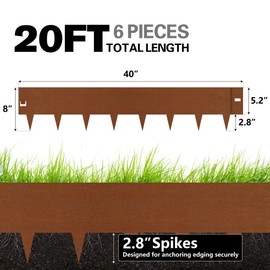 Worth Garden 6-Pack 8" H. Corten Steel Landscape Lawn Edging (20Ft Total) - Rust Patina Finish 18-Gauge Bendable Metal Strips - Hammer-in Edging Border - Buckle Connection - Yard Pathway Divider