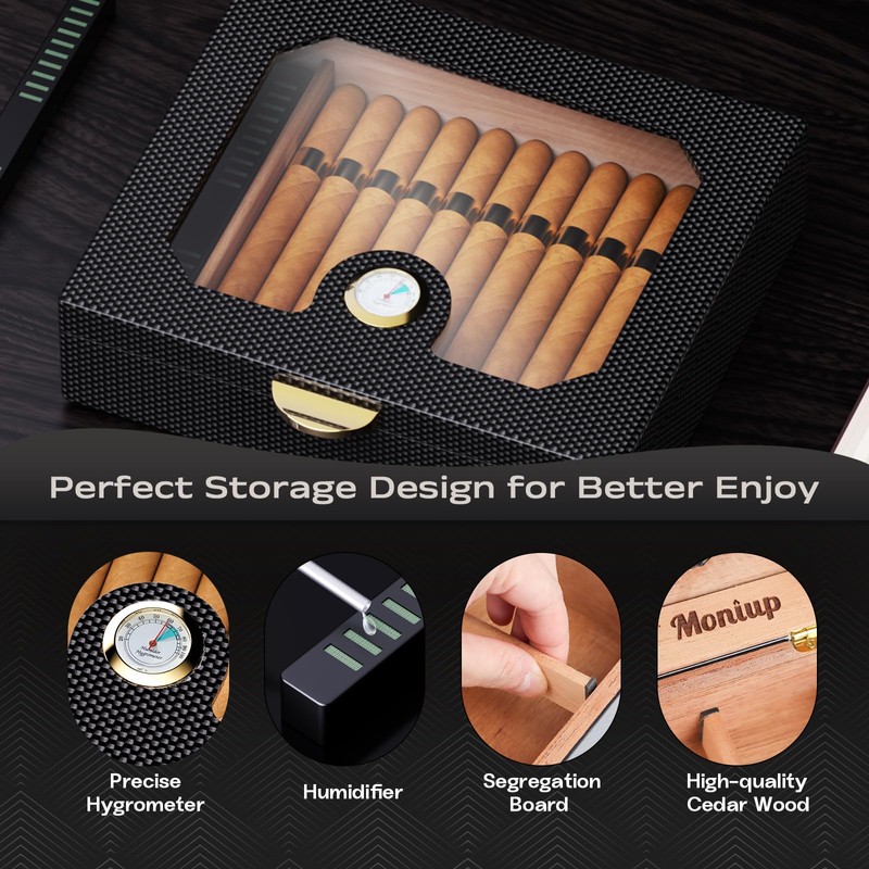 Cigar Humidor, Cedarwood Lined, with V-Cut Cigar Torch Lighter, Draw