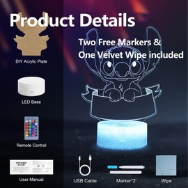 Hoofun Night Light for Children: 16 Colours DIY Stitch Lamp, Anime 3D Illusion Bedside Lamp with Remote Control, Stitch Merch Things Gifts for Children's Room Decoration Girls Birthday Christmas