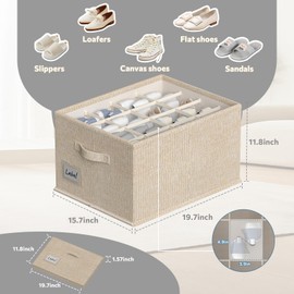 2 Pack Shoe Organizer For Closet, Fits 16-32 Pairs Fabric Shoe Storage Bins Large Shoe Box Storage Containers with Bottom Support For Shoes Space Saving Shoes Holder (Beige)