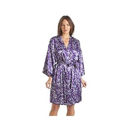 Camille Ladies Luxury Purple Floral Print Satin Dressing Gown Wrap 14-16