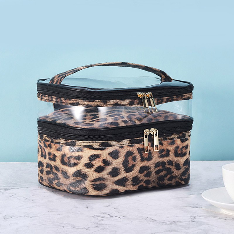Double Layer Cosmetic Bag PVC Leopard Print Design Portable Large