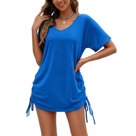 AI'MAGE Women's Beach Dress Summer Beach Tunic Short Bikini Cover Up Summer Dress Beach Poncho Swimwear V-Neck Beach Cover Up Shirt with Drawstring, S-XXL, blue